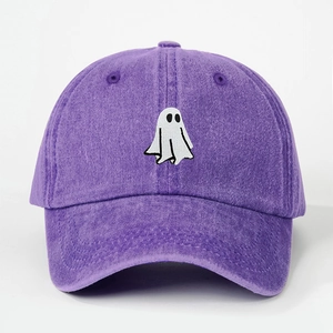 Vintage purple washed cotton baseball cap with embroidered ghost for Halloween