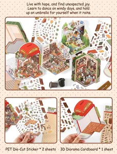 Detail of PET 2.5D building stickers with micro scenery base card for journaling