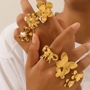 Vintage Butterfly Daisy Flower Bow Adjustable Open Ring Stainless Steel 18K Gold Plated Luxury Jewelry For Women