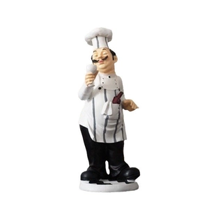 Resin chef figurine holding wine glass with striped apron for restaurant decor