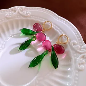 Cherry Fruit Dangle Earrings Retro Copper Glass Beads Red Green Berry Shape Ear Buckle Luxury Aesthetic For Women