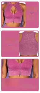 Detail of purple ribbed yoga vest featuring a front zipper, cutout, and racerback design