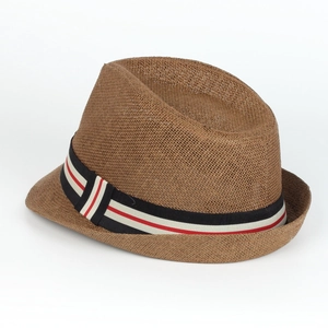 Detailed weave of brown straw fedora featuring a tricolor striped ribbon decoration