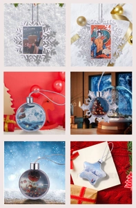 Detailansicht transparenter Weihnachtsanhänger in Form von Schneeflocken und Sternen
