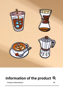 Detailed close-up of coffee enamel pins set featuring Chemex, moka pot, and latte art