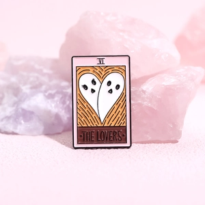 Tarot The Lovers ghost enamel pin with cute heart-shaped ghosts in pink design