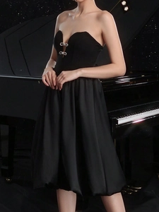 Elegant black strapless evening gown with heart neckline and diamond infinity buckles