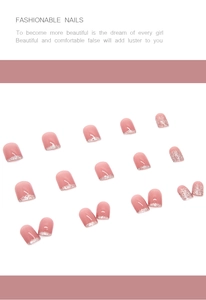 Detail of 24pcs glossy pink press-on nails with silver glitter gradient and French tips