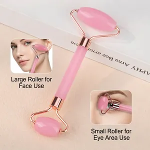 Dual-head rose quartz face roller with rose gold frame for eyes and facial massage
