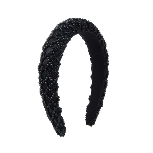 Baroque style wide headband featuring black beads on woven fabric with sponge padding