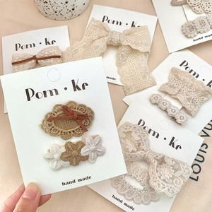 Handmade lace plaid bow and flower hair clips set in coffee brown for girls