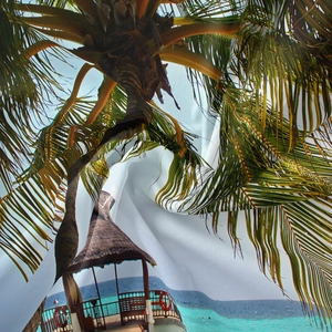 Gros plan détaillé sur l'imprimé plage tropicale d'un tissu tissé haute densité