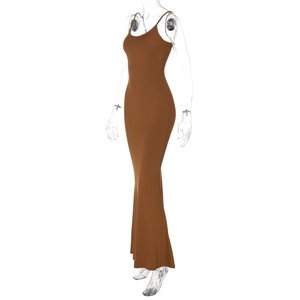 Detailed view of brown sleeveless slim fit long dress with stretchy knit fabric