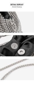 Detail view of silver rhinestone evening bag featuring metal hook and magnetic closure