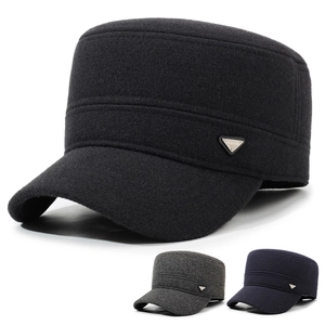 Men Winter Cadet Cap Woolen Flat Top Military Hat With Ear Flaps Warm Windproof Outdoor Adjustable Metal Buckle Fashion