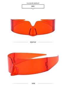 Front and side views of futuristic red wrap-around sunglasses with a sleek one-piece lens