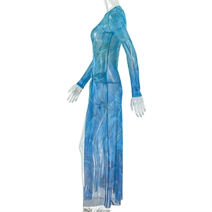 Macro detail of sheer blue mesh fabric with golden tropical leaf pattern on long sleeve dress