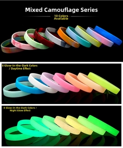 Detailed comparison of multi-color camouflage and luminous glow-in-the-dark silicone wristbands
