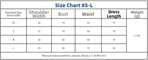 Detailed size chart with XS to L measurements for sleeveless bow dress dimensions