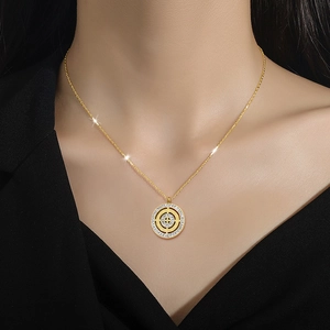 Titanium steel gold necklace featuring a luxury Roman disk pendant with pavé diamonds