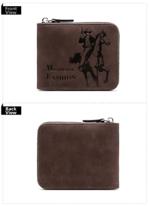 Front and back views of a dark brown men's tri-fold leather wallet with cowboy embossed logo