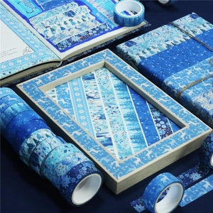Blue winter washi tape set featuring reindeer and snowflake patterns for scrapbooking