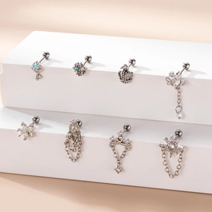 Set of stainless steel butterfly and tassel chain ear studs with zircon inlays