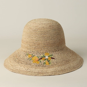 Women Raffia Straw Bucket Hat Flower Embroidery Wide Brim Foldable Sun Shade Summer Beach Travel Casual Round Top