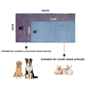 Detailed size chart for pet towels showing large purple and small blue microfiber options