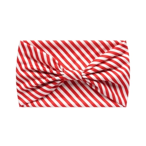 Detail view of red and white striped fabric headband with a large decorative bow