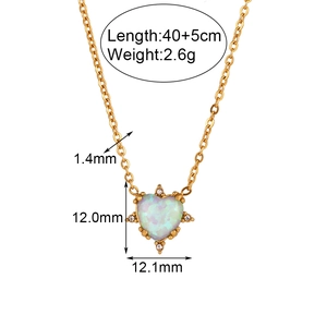 Gold-plated stainless steel heart necklace with opal pendant and detailed measurements