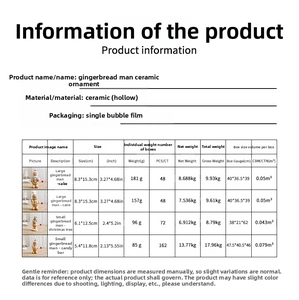 Detailed view of gingerbread man ceramic ornaments with dimensions and weight info
