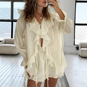 Ensemble Deux Pièces Femme Haut À Volants Manches Bouffantes Et Short Taille Haute Tenue Décontractée Polyester