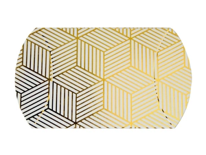 Flat lay view of geometric gold foil pillow gift boxes in black, white and gold