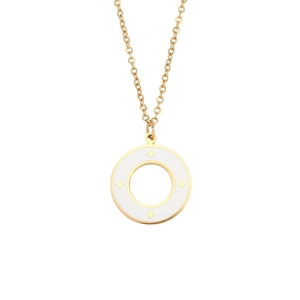 Minimalist gold necklace with a white enamel hollow circular pendant and star patterns