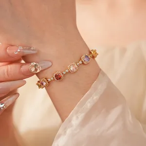 Vintage gold tennis bracelet with colorful square zircons and sparkling halo crystals