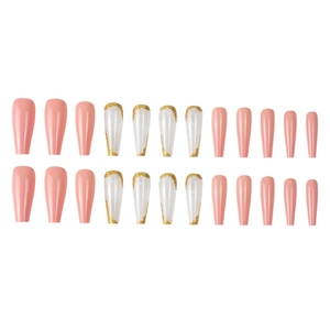 Faux ongles ballerine longs rose et marbré avec feuilles dorées et fini brillant
