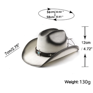 Detailed top view of white straw cowboy hat with dimensions and turquoise star accessory
