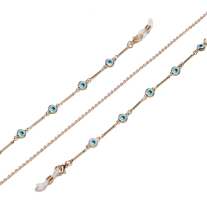 Fashion gold eyewear chain featuring blue evil eye charms and silicone loops for glasses