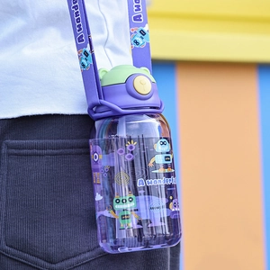 Purple cartoon kids water bottle with robot print, straw, and portable shoulder strap
