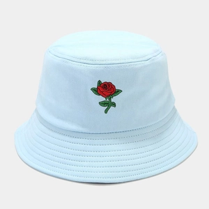 Light blue cotton bucket hat with rose embroidery for sun protection during outdoors