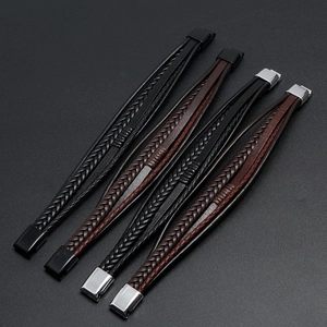Handmade multilayer braided leather bracelets for men with magnetic metal clasps