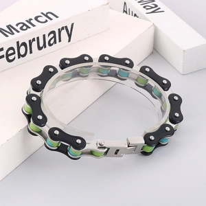 Men's stainless steel industrial motorcycle chain bracelet with green malachite accents