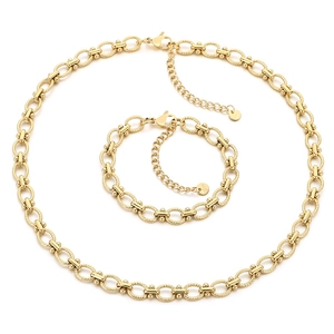 Adjustable golden stainless steel embossed oval link necklace and bracelet jewelry set