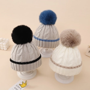 Infant Winter Knit Beanie Hat For Baby Boys Girls Acrylic Warm Cable Knit Pom Pom Hat Outdoor Contrast Color Newborn Cap