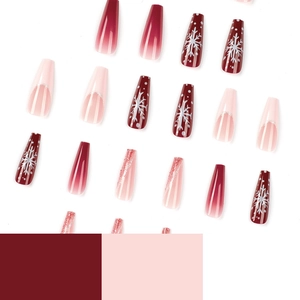 Long white French snowflake Christmas press-on nails in red and pink gradient coffin shape
