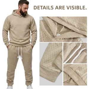 Khaki men's tracksuit featuring a hooded sweatshirt and joggers with geometric knit texture