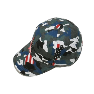 Camouflage baseball cap with American flag stripes and stars design on white background