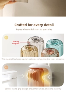 Detail of magnetic wall-mounted toothbrush holders with translucent striped texture cups
