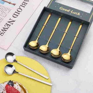 Elegant stainless steel flower stirring spoon set in gift box with gold and silver finishes